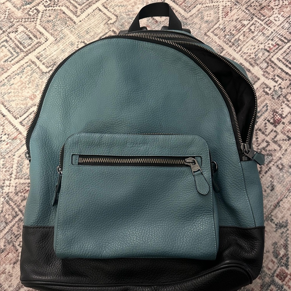Coach Teal and Black Leather Backpack with Front Zip Pocket